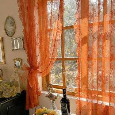 Imagem de LOHUT Cortinas de renda laranja para sala de estar, 250 cm de comprimento, conjunto de 2 painéis, boho transparente com renda floral, floral vintage, bolso para haste, 132 x 250 cm