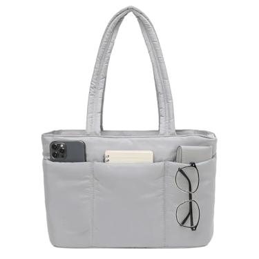 Imagem de Sacola acolchoada com zíper, bolsa de ombro leve para mulheres, bolsa de ombro para trabalho, viagem, academia, Cinza, One Size