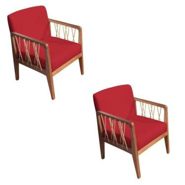 Imagem de Kit 02 Poltronas Barcelona Suede Vermelho Com Corda Náutica Champagne 
