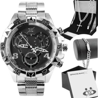 Imagem de Relogio Masculino Prateado Aço + Pulseira + Corrente + Caixa pesado pr