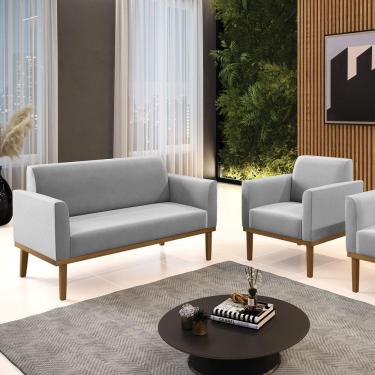 Imagem de Conjunto Poltrona E Namoradeira Decorativa Pés Fixo Em Madeira Castanho Suede Cinza