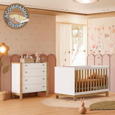 Imagem de Quarto de Bebê com Berço 4315 Slim e Cômoda 5135 Flora Branco Freijó Qmovi + Colchão Gazin