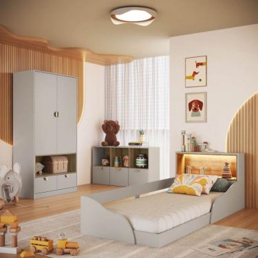 Imagem de Quarto Infantil Cama Solteiro Montessoriana Led Comoda e Guarda Roupas CJ078 Lille