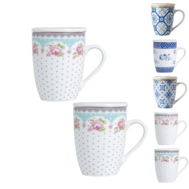 Imagem de Kit 2 caneca porcelana branca tampa filtro xicara infusor para cha cor