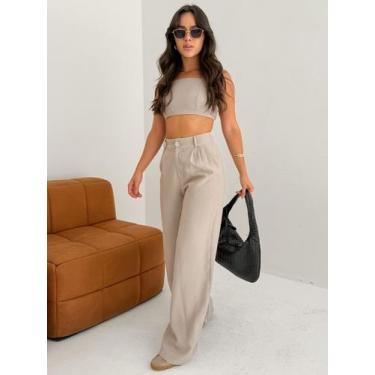 Imagem de Conjunto de Regata Curta e Calça Perna Larga Cor:Marrom ClaroTamanho:M