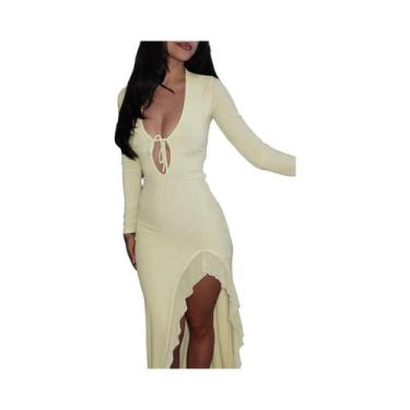Imagem de Vestido Feminino Elegante E Sexy Com Decote Em V, Manga Longa E Detalh
