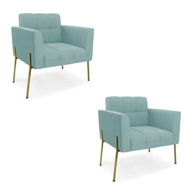 Imagem de Poltrona Sala Decorativa Kit 2 Elisa Pé Aço Lateral Preto Cotelê Ext/Veludo Menta D03 - D'Rossi