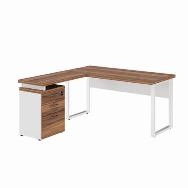 Imagem de Mesa Escritório em L c/ Gaveteiro 1,501,50m NOGAL SEVILHA/BRANCO - 343