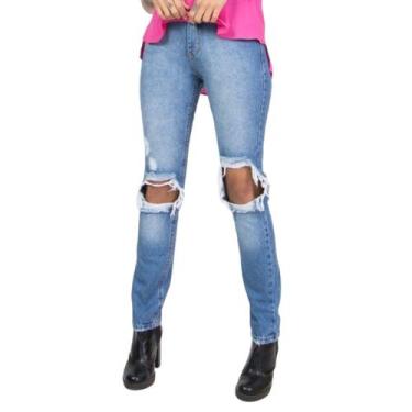 Imagem de Calça Jeans Destroyed Feminina Cintura Média Lady Rock, Azul, 40