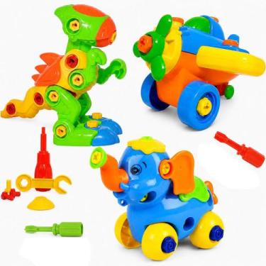 Imagem de 3 Brinquedos Didático Monta e Desmonta Elefante Dino e Avião - Flix M