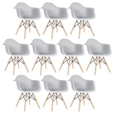 Imagem de Kit 10 Cadeiras Charles Eames Eiffel Daw Com Braços E Pés De Madeira Clara Cinza Claro