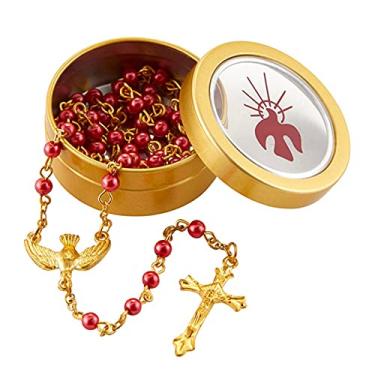 Imagem de Terço de metal dourado com contas vermelhas de confirmação sacramental Espírito Santo com terço de metal dourado e caixa de presente, 1.75", lata