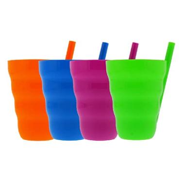 Imagem de Arrow Home Products Copo Sip-A-Cup com canudo embutido, 293 ml, pacote com 4 - ótimo para uso diário - livre de BPA, feito nos EUA, empilhável - roxo, azul, verde, laranja