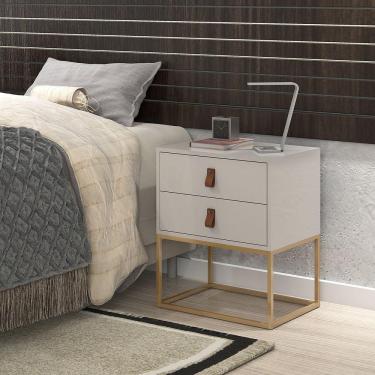 Imagem de Mesa de Cabeceira Estilo Industrial Unic Puxador Couro Estilo Europeu Base Dourada