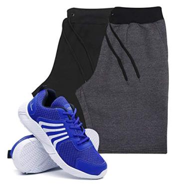 Imagem de KIT 2 Bermudas Masculina Moletom Conforto + Tenis Masculino Running Academia - Bermudas Preto/Grafite GG - Tenis Azul - 43