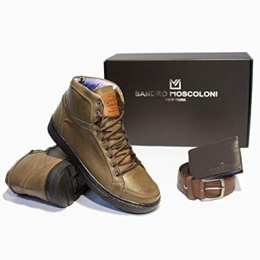 Imagem de Kit Gift Box Silver Tênis Cano Alto Em Couro + Carteira GR01+ Cinto 601 (42, Marrom)