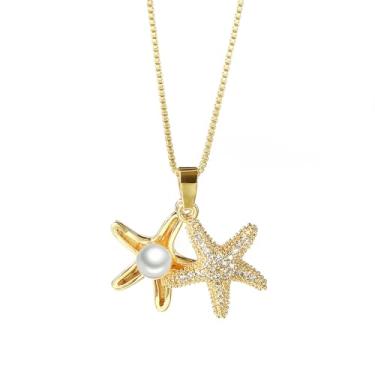 Imagem de Colar de estrela do mar para mulheres, meninas, pingentes de pérolas, colar delicado do oceano, pingente de zircônia cúbica, joias banhadas a ouro, presentes elegantes, aniversário, amizade, 46 +