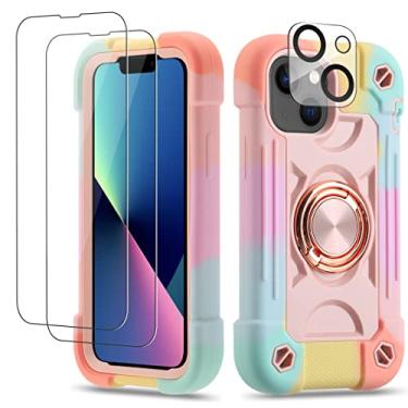 Imagem de Cookiver Capa para iPhone 13 Mini/iPhone 12 Mini de 5,4 polegadas com suporte de anel, com 2 películas de vidro + 1 pacote de protetor de lente de câmera, capa resistente de grau militar (rosa arco-íris)