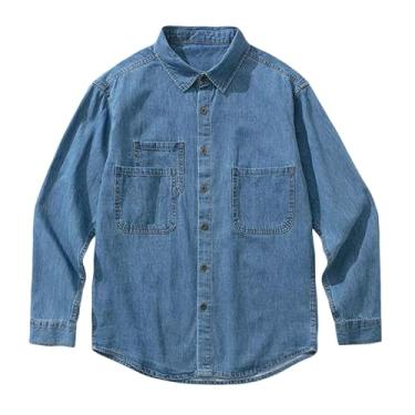 Imagem de Camisa jeans masculina, manga comprida, cor sólida, ombro caído, gola aberta, bolsos laterais, Azul claro, M
