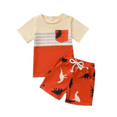 Imagem de JOIMOCY Conjunto de 2 peças, camiseta de manga curta e shorts de dinossauro, para meninos e meninos, 12 meses a 4 anos, Marrom, 3-4 Anos