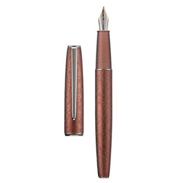 Imagem de Hongdian Caneta-tinteiro de alumínio marrom A3, design de gravação de flor de irídio, ponta extrafina, caneta de escrita consistente com conversor de tinta e conjunto de caixa de caneta de metal