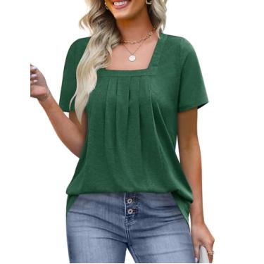 Imagem de KTILG Túnica feminina de manga curta gola quadrada solta plissada frente camisetas casuais verão 2024 P-3GG, Verde, GG