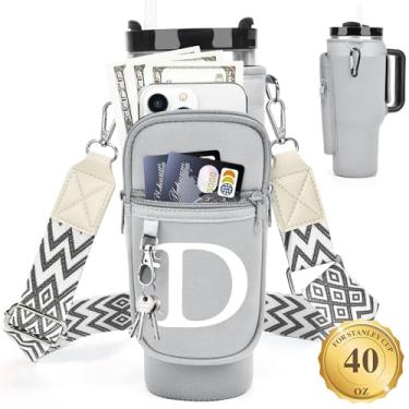 Imagem de LOKASS Suporte de garrafa de água personalizado com alça para acessórios Stanley Cup Tumbler de 1,134 g, bolsa de transporte inicial para garrafa de água com bolso para telefone, para mulheres, ideal
