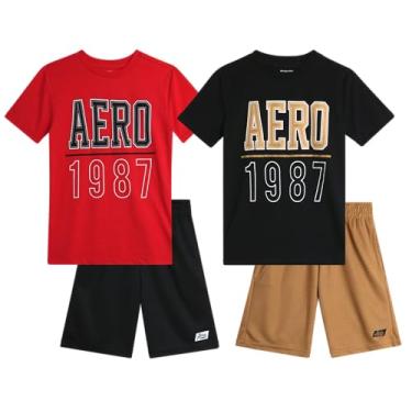 Imagem de AEROPOSTALE Conjunto de shorts ativos para meninos - Camiseta de manga curta de 4 peças e shorts de ginástica de malha - Roupa esportiva para meninos (4-12), Preto/vermelho, 12
