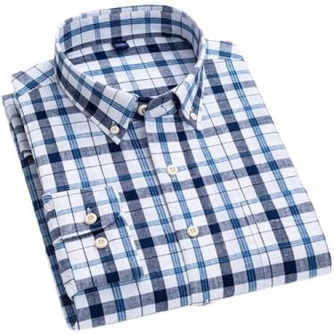Imagem de Camisa masculina de algodão xadrez casual de linho com bolso único abotoada manga longa listrada, T0c1804, P
