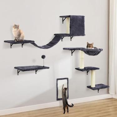Imagem de Móveis de parede para gatos, conjunto de escalador de gato montado na parede com prateleiras de parede para gatos, poleiros, casa de condomínio, escada, tábua de arranhar e árvore - 5 peças de móveis