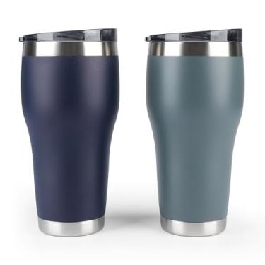 Imagem de Olympia Tools Pacote com 2 copos de 850 g de parede dupla isolada a vácuo, copos de aço inoxidável com tampa, copos de café duráveis revestidos em pó para bebidas frias e quentes (cinza e marinho)