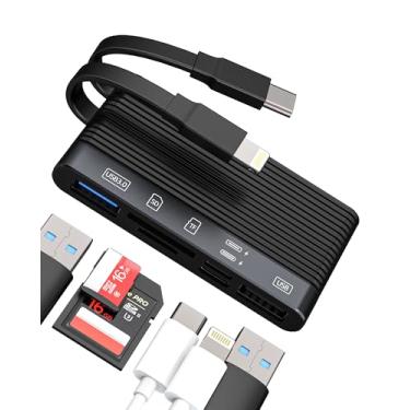 Imagem de Estação de ancoragem USB C Lightning com hub adaptador multiportas, leitor de cartão SD, dongle USB para iPhone 15, certificado Apple MFI, compatível com cabo carregador Samsung, OTG para câmera,