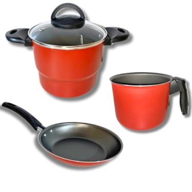Imagem de Jogo Panelas Cuscuzeiro 16 Frigideira N°20 Caneco N°14 (Vermelho)