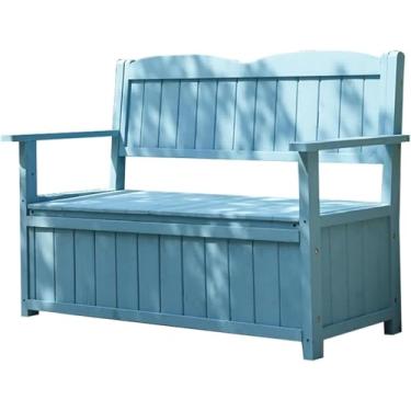 Imagem de Banco ao ar livre com armazenamento, banco de pátio com caixa de madeira com encosto, banco de jardim com recipiente de 2 lugares perfeito para ferramentas de jardim e brinquedos de piscina,