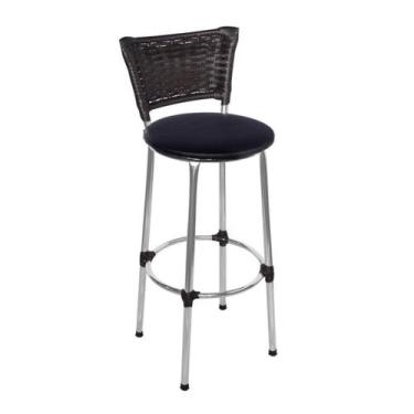 Imagem de Banqueta Alta Cromada com Encosto Junco Argila Assento Preto - Fortmix
