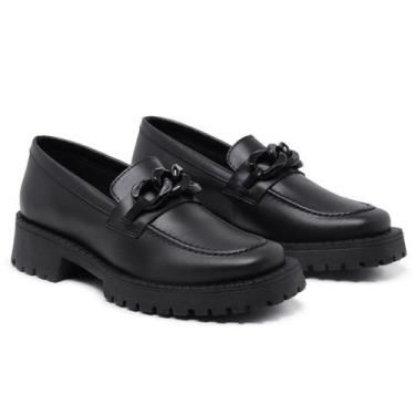 Imagem de Mocassim Feminino Preto Sapato Plataforma Oxford Fivela Trançada - Riz