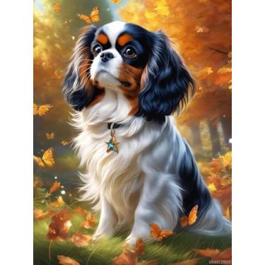 Imagem de UPABLUNSO Kits de pintura de diamante de cachorro Cavalier King Charles, pintura de diamante para iniciantes, processo de ponto cruz de diamante redondo 5D, adequado para decoração de parede de café