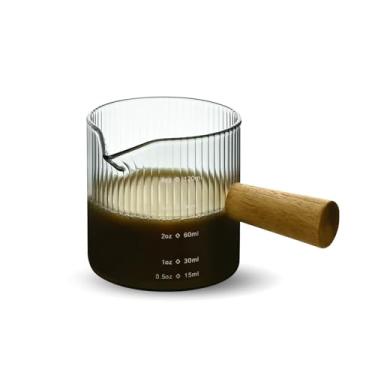 Imagem de Denovin Copo medidor de vidro, copo de café expresso de 118 ml com cabo de madeira, bico único de medição de jarro triplo para café e chá (nervuras cinzas)