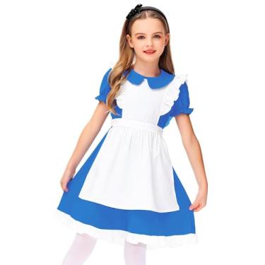 Imagem de Deerose Vestido de fantasia infantil adulto bule branco com avental vestido de princesa de Halloween, Azul K, 9-10 Anos