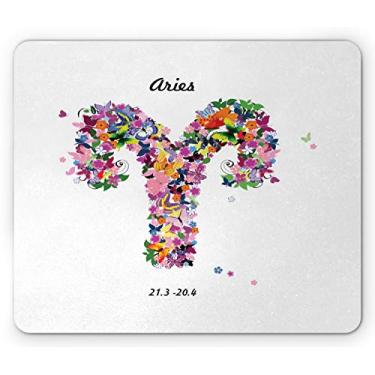 Imagem de Ambesonne Mouse pad Zodíaco Áries, borboletas vivas e flores desabrochando como inspiração astrológica na primavera, mousepad retangular de borracha antiderrapante, tamanho padrão, roxo e branco