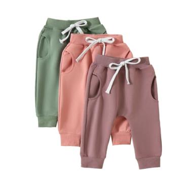 Imagem de Yoawdats Pacote com 3 calças de corrida para bebês meninos, de malha, ajuste clássico, cintura elástica, pacote com vários pacotes, Rosa, verde, roxo, 6-12 Meses