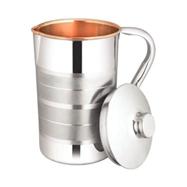 Imagem de Jarro de cobre puro com tampa, cobre sólido de tamanho grande, jarro de água de cobre externo de aço inoxidável, capacidade de 1600 ml, jarra de cobre para casa, hotéis e presentes