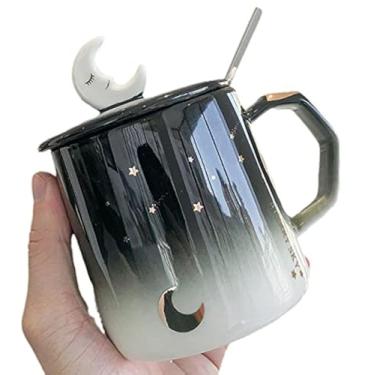 Imagem de seelucky Caneca de lua com tampa de colher estrela xícara de café de cerâmica copo de leite chá lua presente escritório casa (lua, 400 ml)