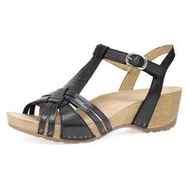 Imagem de Dansko Sandália feminina Tia Fisherman Wedge – Palmilha contornada para conforto e suporte o dia todo – Tiras ajustáveis de velcro com detalhe de fivela, Preto, 7.5-8