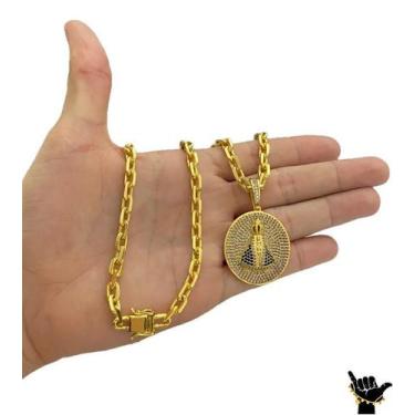 Imagem de Corrente Cadeado 6mm + Pingente Nossa Sra - Banhado a Ouro - ToJoia18k