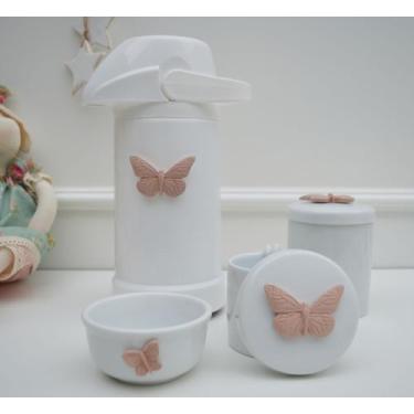 Imagem de kit Higiene Bebê Potes K022 Borboleta Cotonete Algodão Limpeza Porcela
