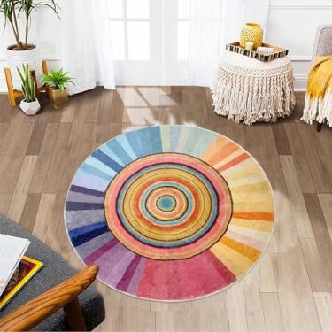 Imagem de Lacomfy Tapete de sol circular para quarto de meninas, tapete de berçário de arco-íris redondo, 2,6 m, tapete de cabeceira chique para crianças, tapete de engatinhar para sala de jogos, decoração