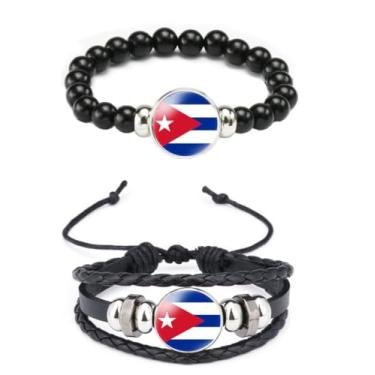 Imagem de Ykonuyis Pulseira de corda elástica de metal com contas pretas e pulseira de corda trançada de couro de liga para homens e mulheres apoia o seu país, Medium, Zinco, Vidro