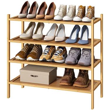 Imagem de kiplant Sapateira de 4 níveis para entrada, sapateira de madeira de bambu, 4 camadas, organizador de sapatos empilhável para armário, sapateiras independentes para ambientes internos e externos
