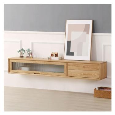 Imagem de Armário de TV montado na parede, suporte de TV, armário de TV flutuante montado na parede com 2 gavetas grandes de armazenamento e uma prateleira aberta com porta de vidro, console de TV, mesa